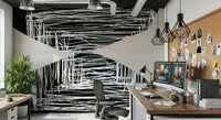 A beautiful abstract art wallpaper mural with geometric shapes and scribbled lines.