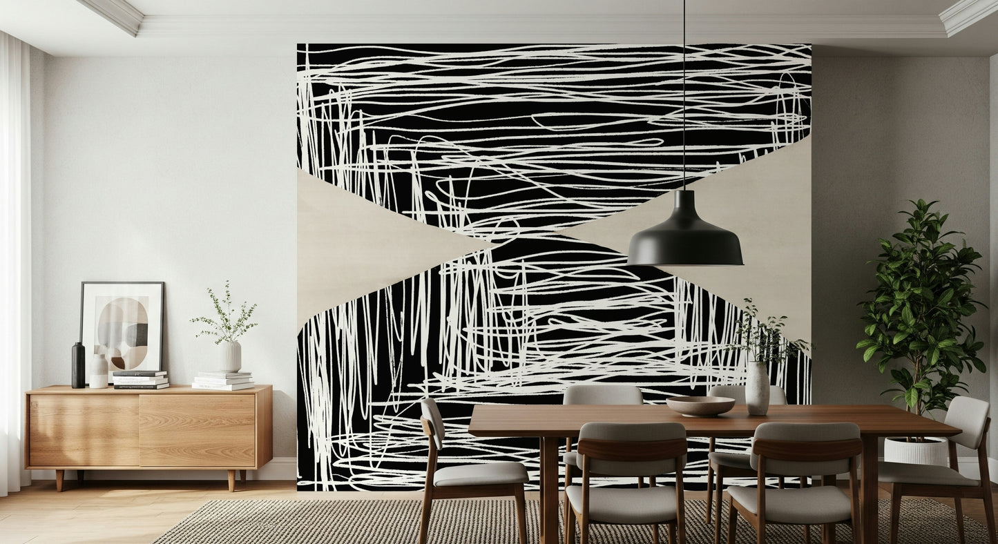 An artistic abstract line mural on minimalist wallpaper.