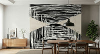 An artistic abstract line mural on minimalist wallpaper.