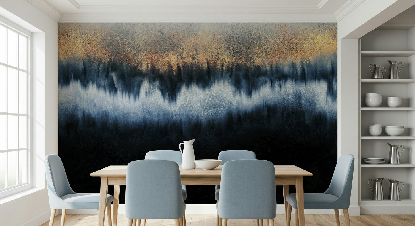 A beautiful abstract art wallpaper mural with subtle gold accents and deep colors.