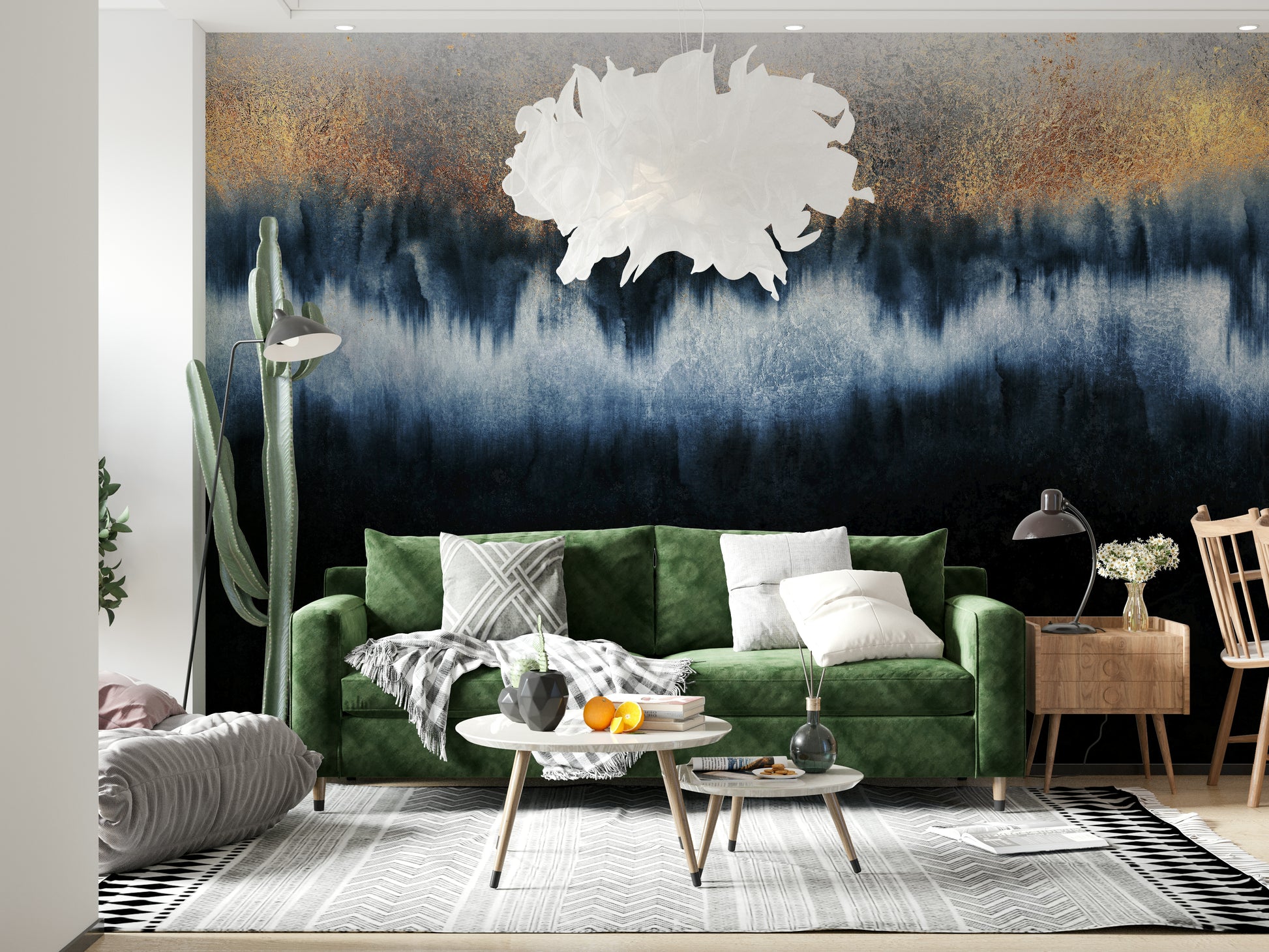 A peaceful modern abstract mural on decorative wallpaper.