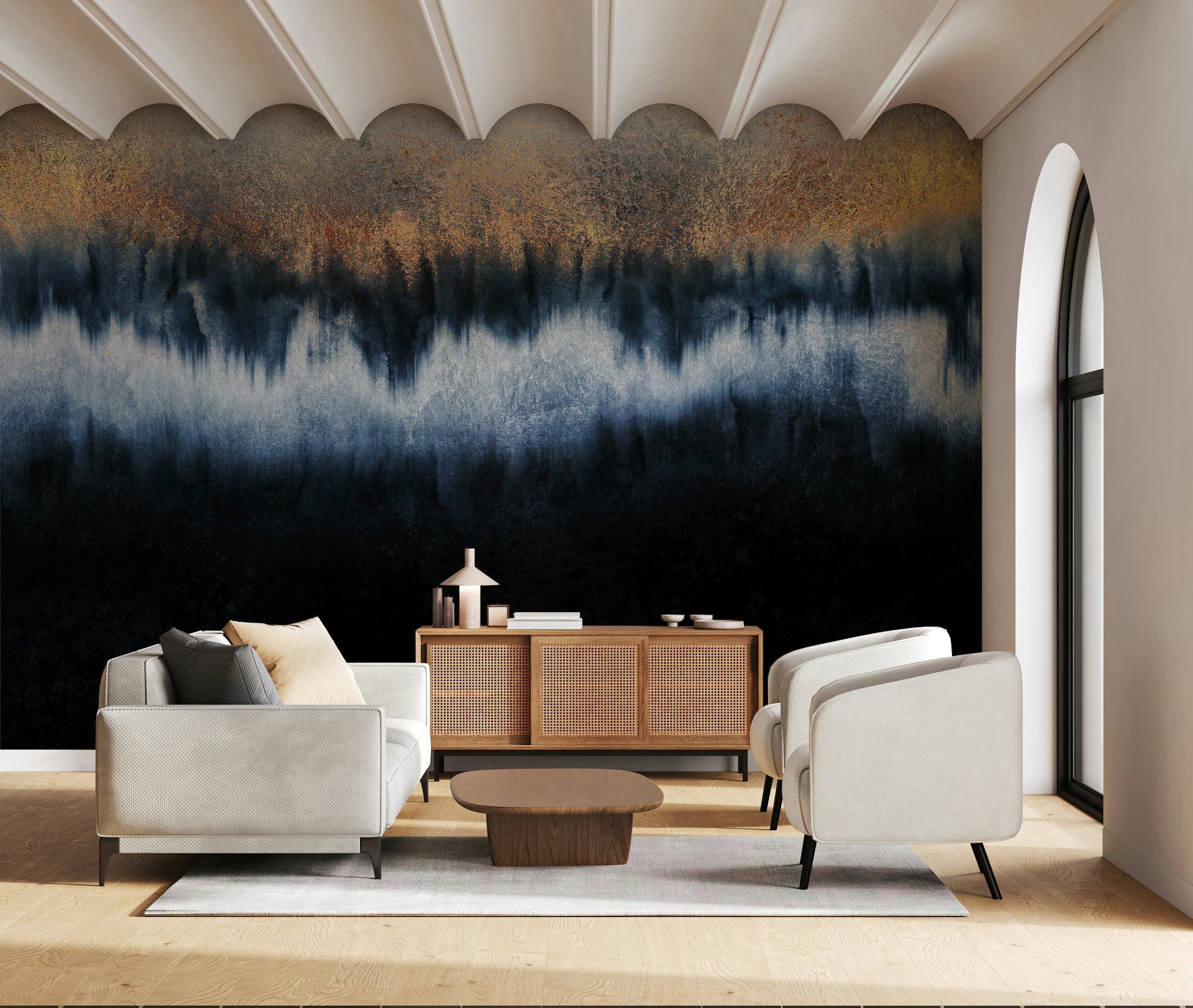 An artistic minimalist form mural for home decor.