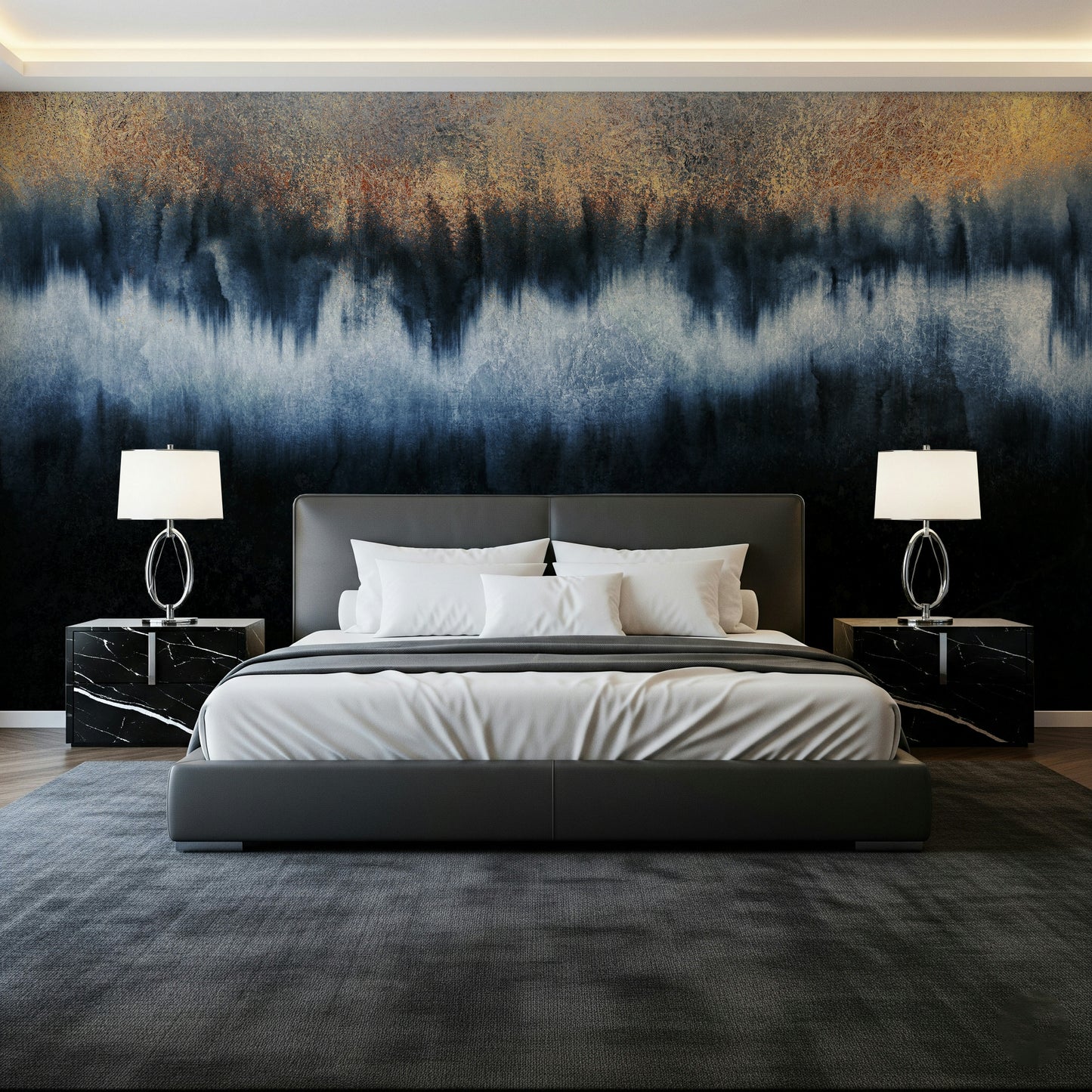 A serene flowing design wall mural with gilded details.