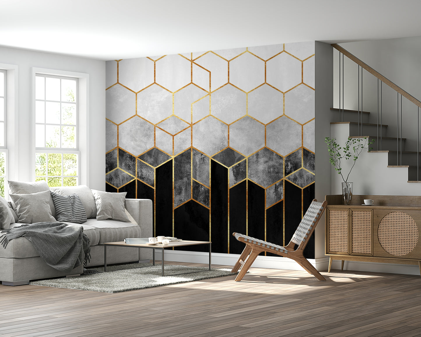 A graceful subtle hexagon wall mural in cool, bold tones.