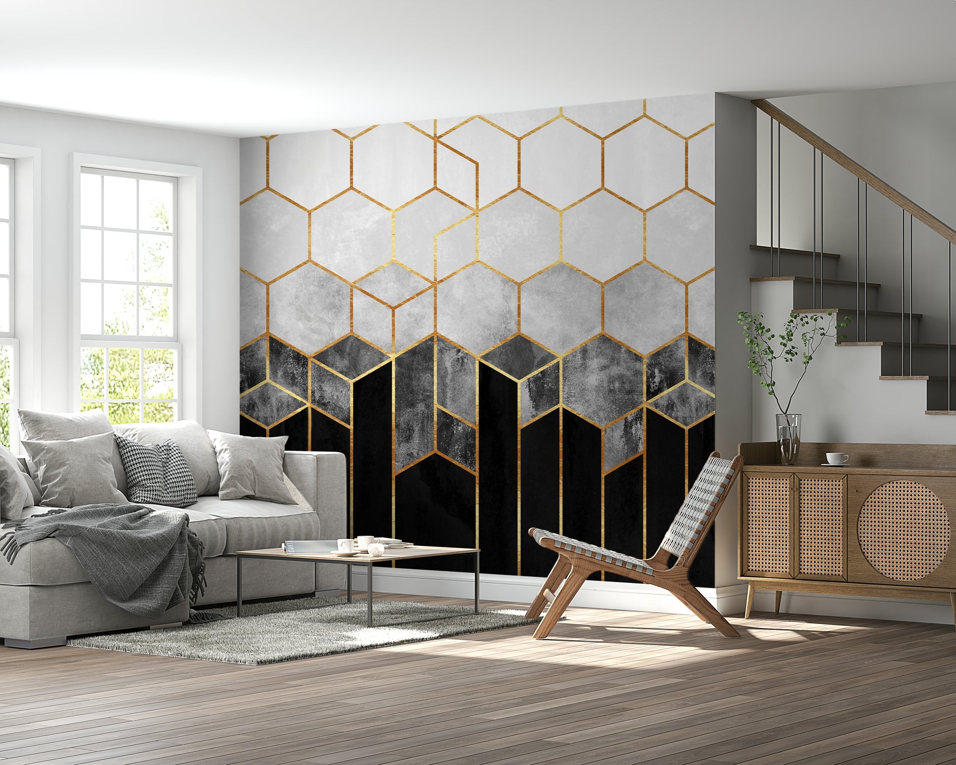 A graceful subtle hexagon wall mural in cool, bold tones.