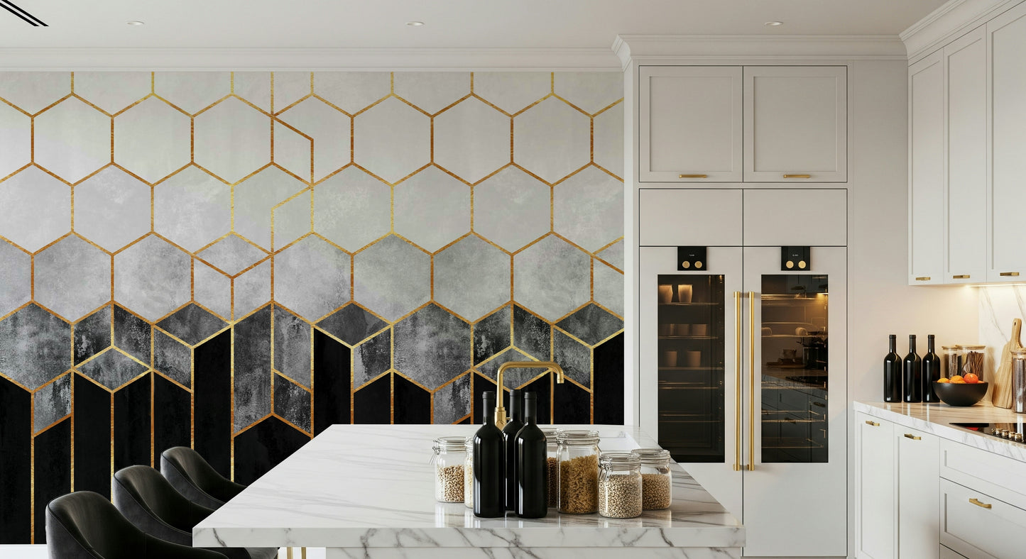 A peaceful geometric abstract mural on decorative wallpaper.
