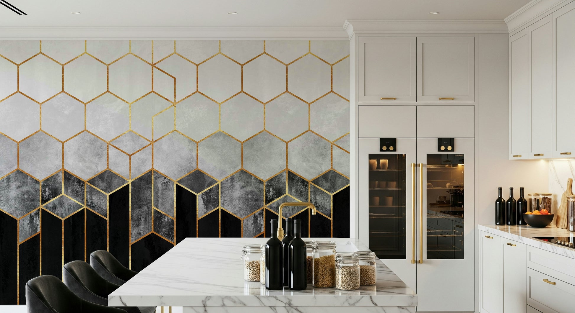 A peaceful geometric abstract mural on decorative wallpaper.