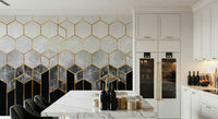 A peaceful geometric abstract mural on decorative wallpaper.