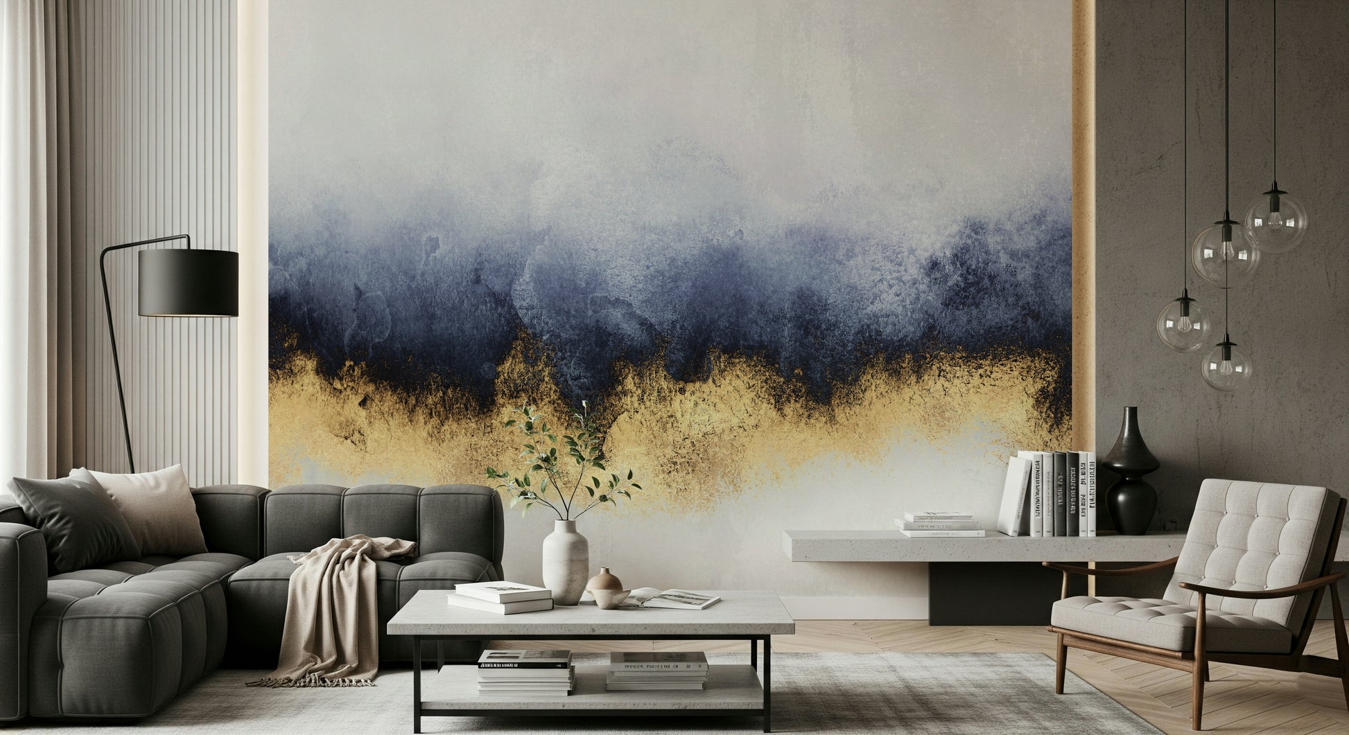A beautiful abstract gold and azure wallpaper mural for a modern home.