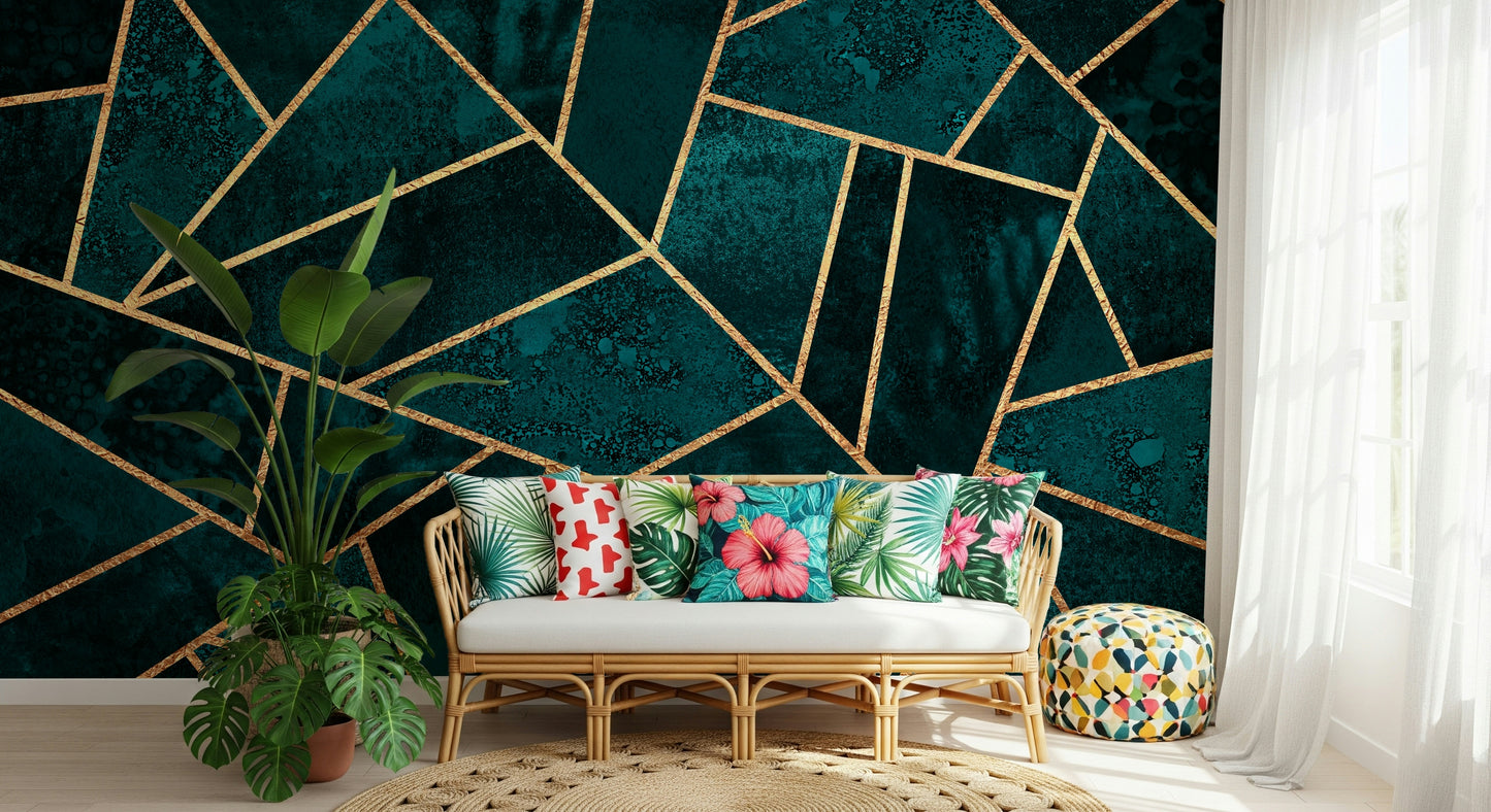 A contemplative geometric design wallpaper mural for a feature wall.