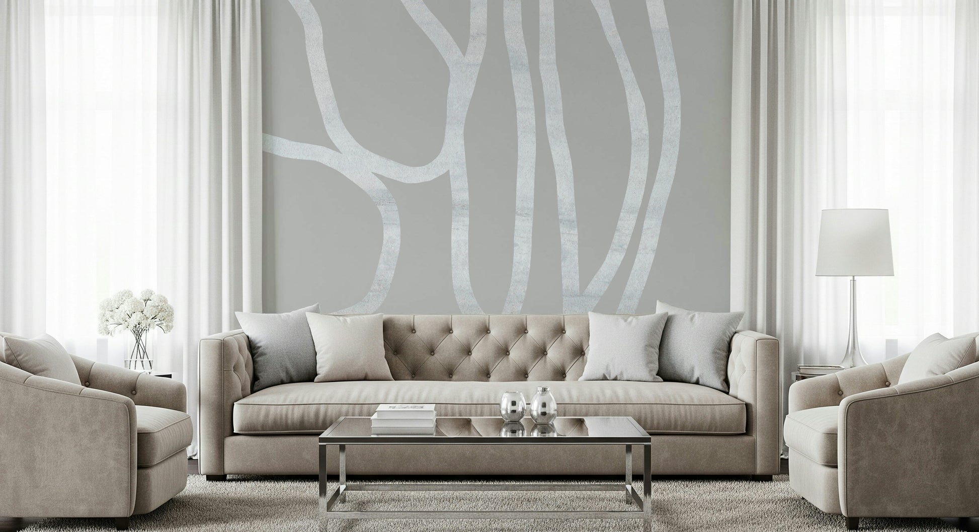 A beautiful modern art wall mural of delicate lines.