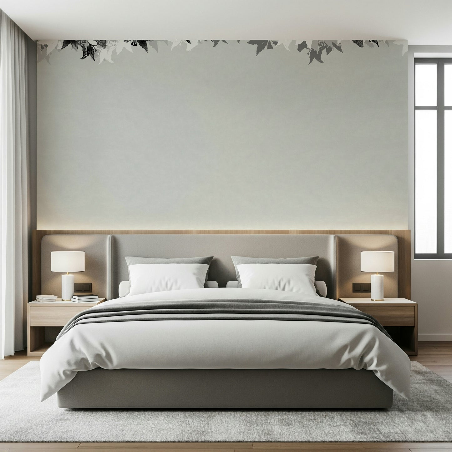 A beautiful wide-angle wall mural of a monochrome wood.