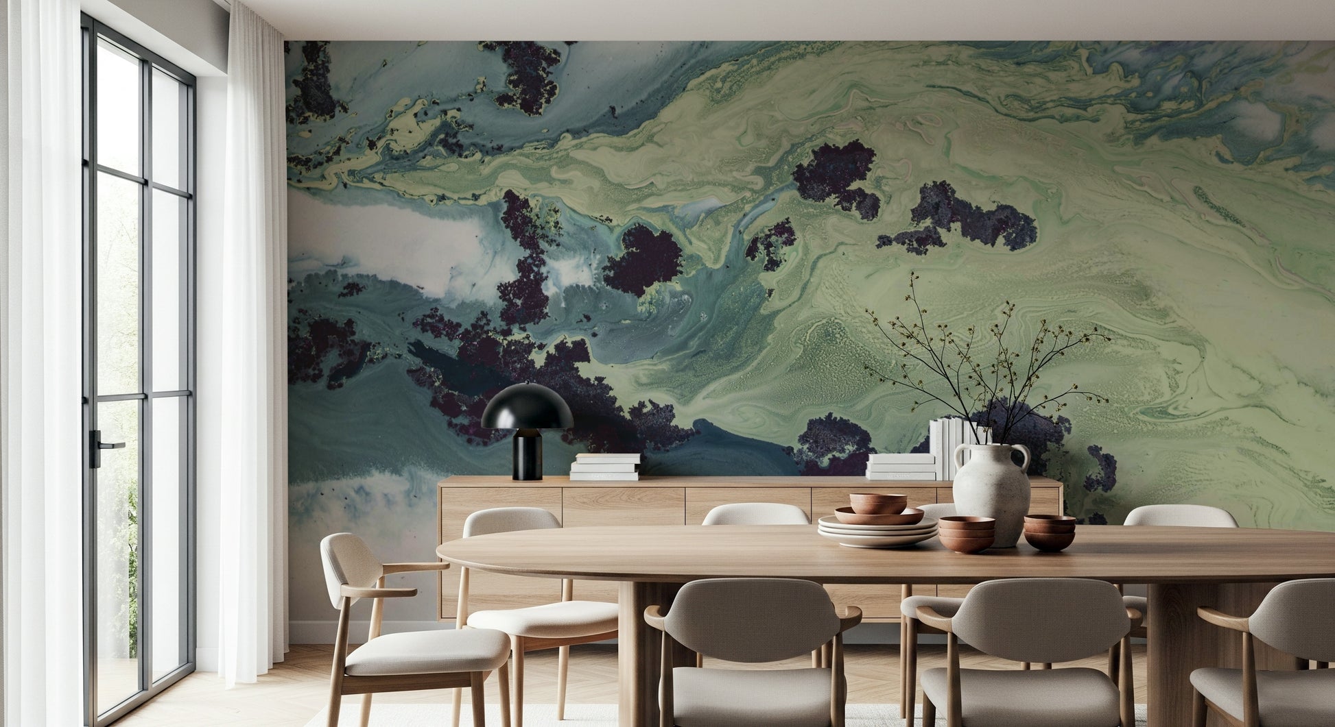 A peaceful modern abstract mural on decorative wallpaper.