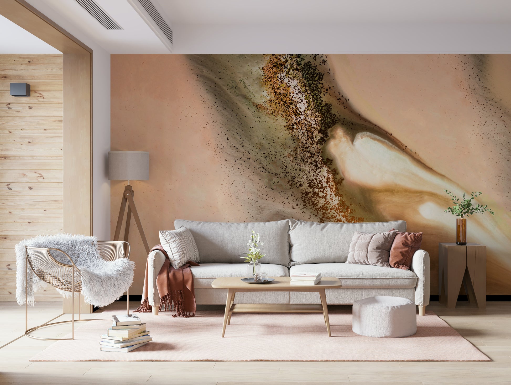 A graceful subtle pattern wall mural in warm, golden tones.