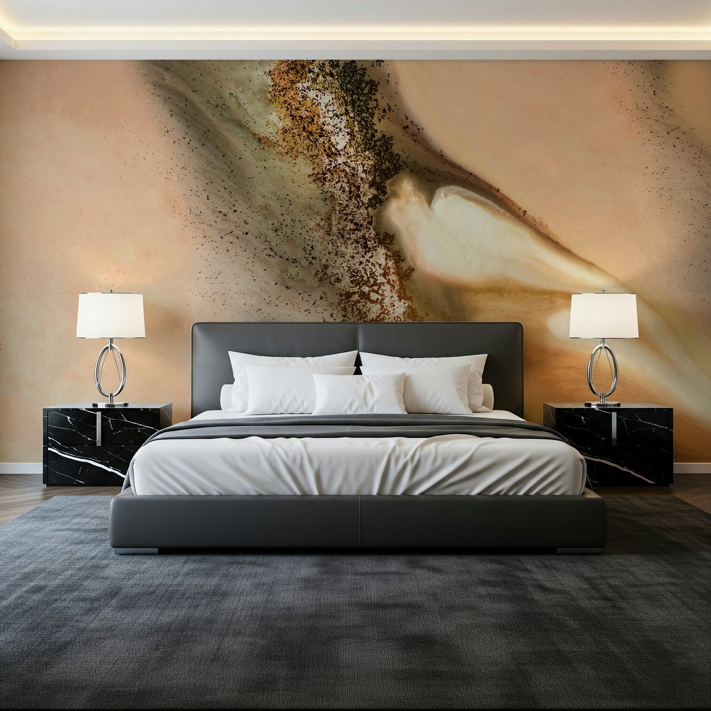 A serene flowing design wall mural with subtle gold shimmer.