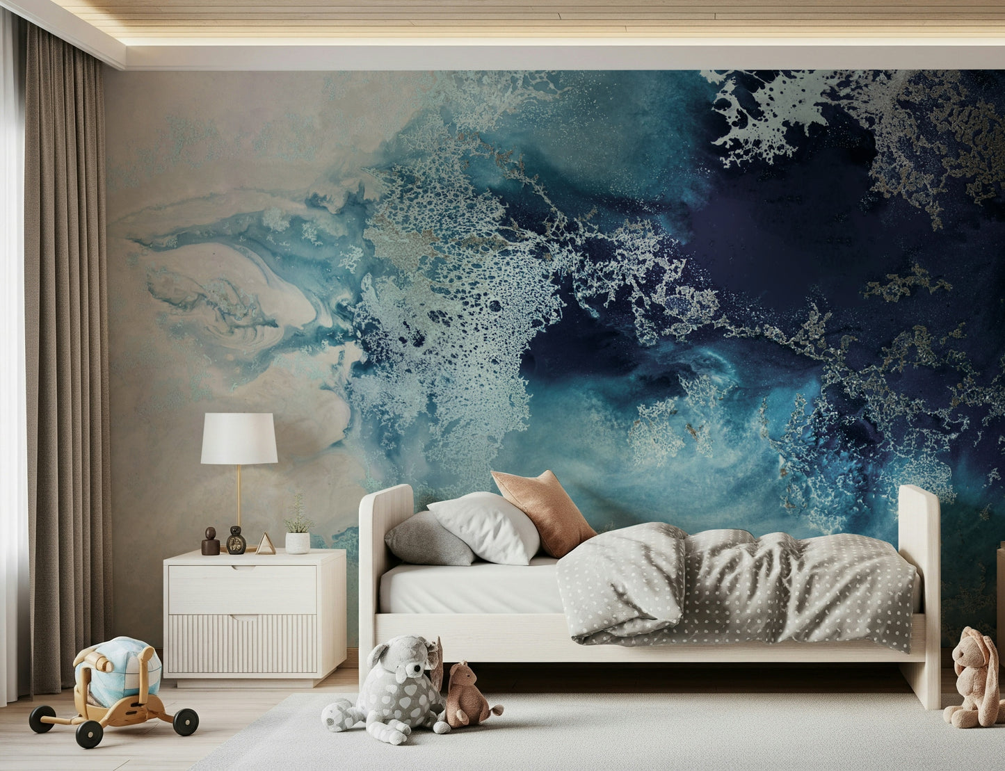A beautiful abstract tide wallpaper mural in vibrant, azure blue.