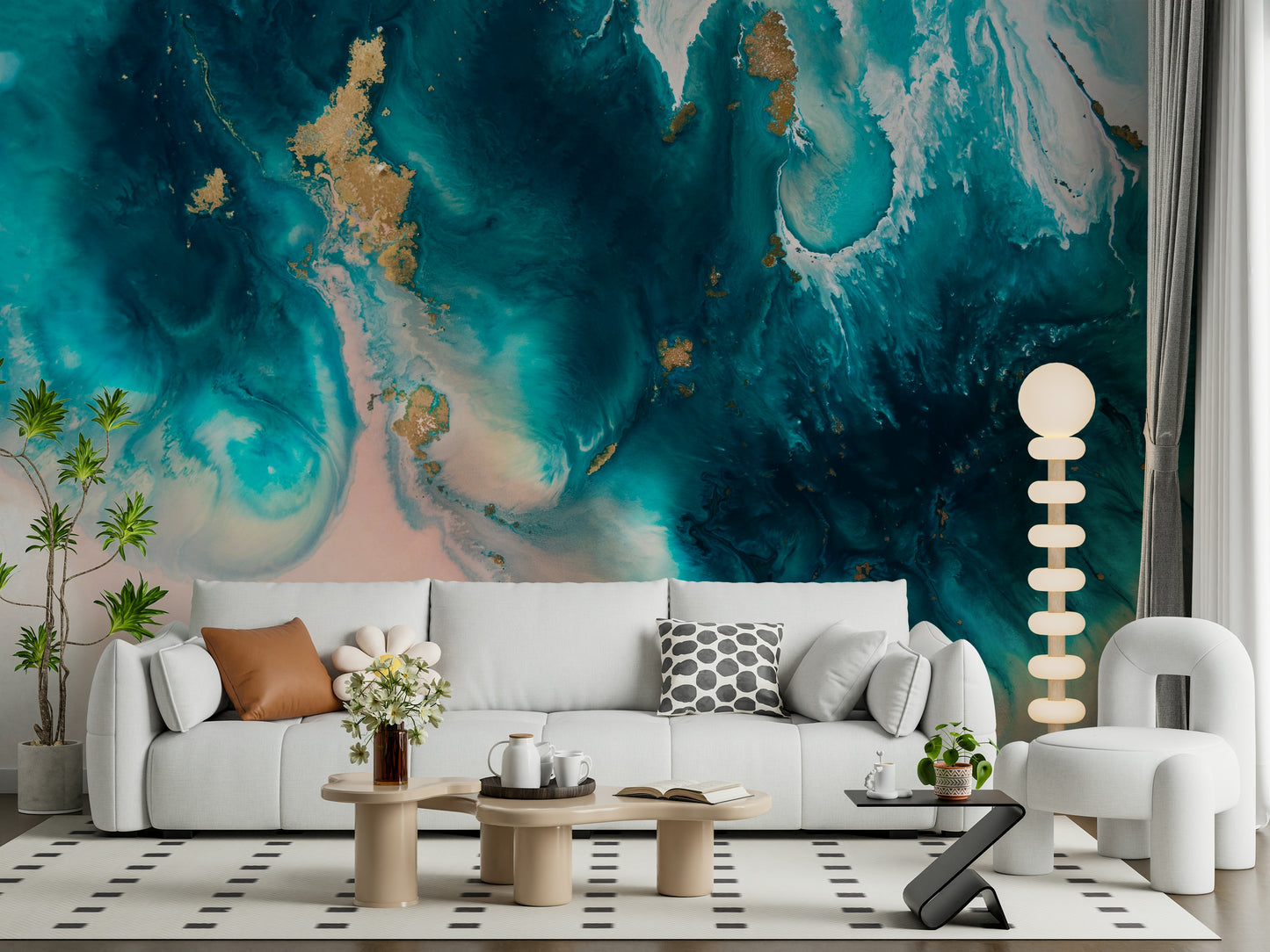 A serene flowing design wall mural with gilded accents.