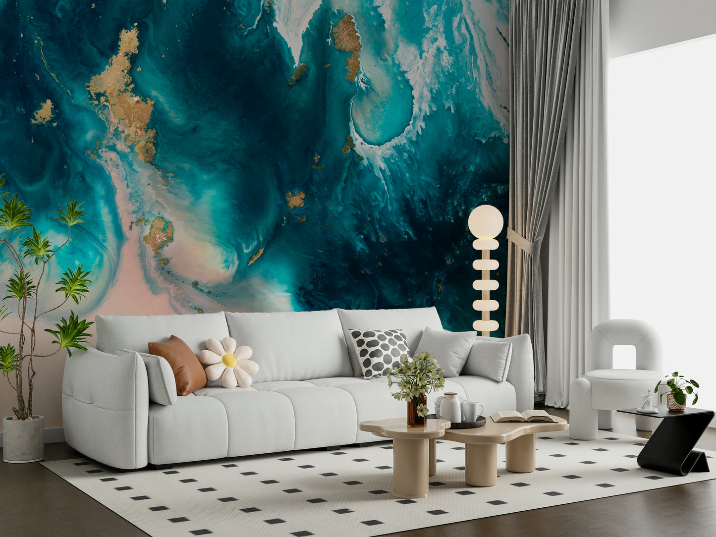 A calming abstract design wallpaper mural that defines a space.