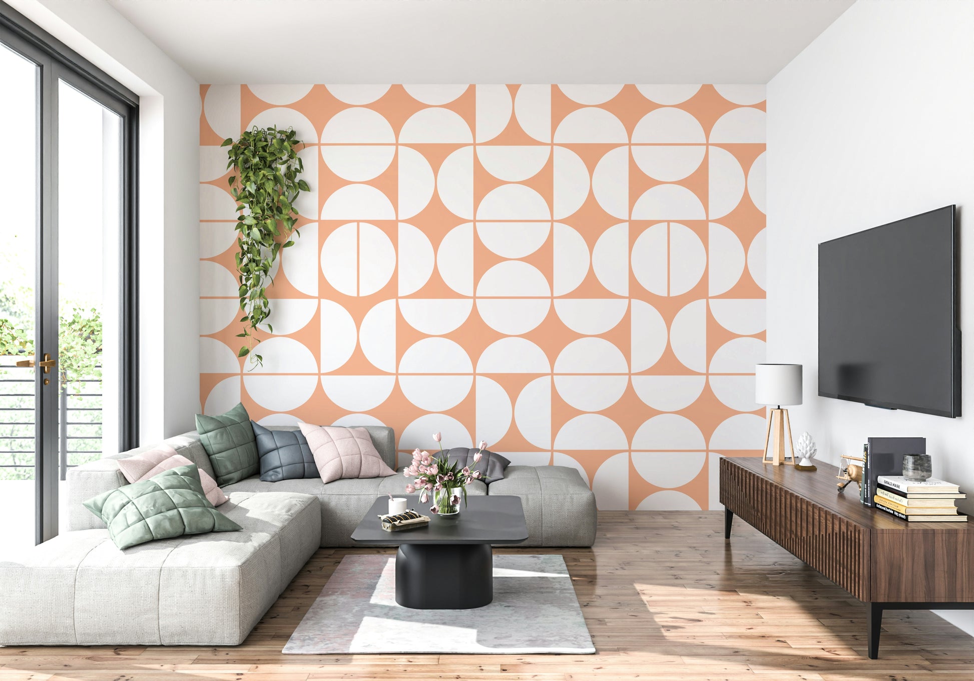 An artistic modern pattern mural on minimalist wallpaper.