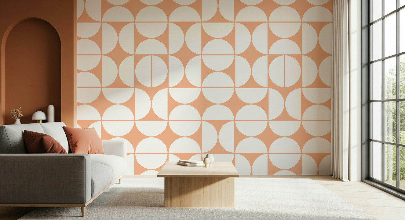 A beautiful abstract arc wallpaper mural in peach and white tones.
