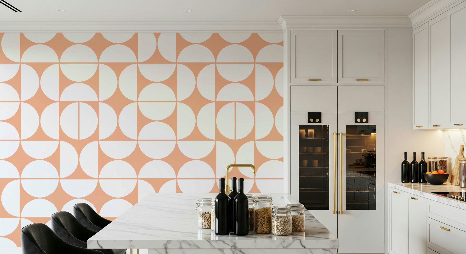 A peaceful modern abstract mural on decorative wallpaper.