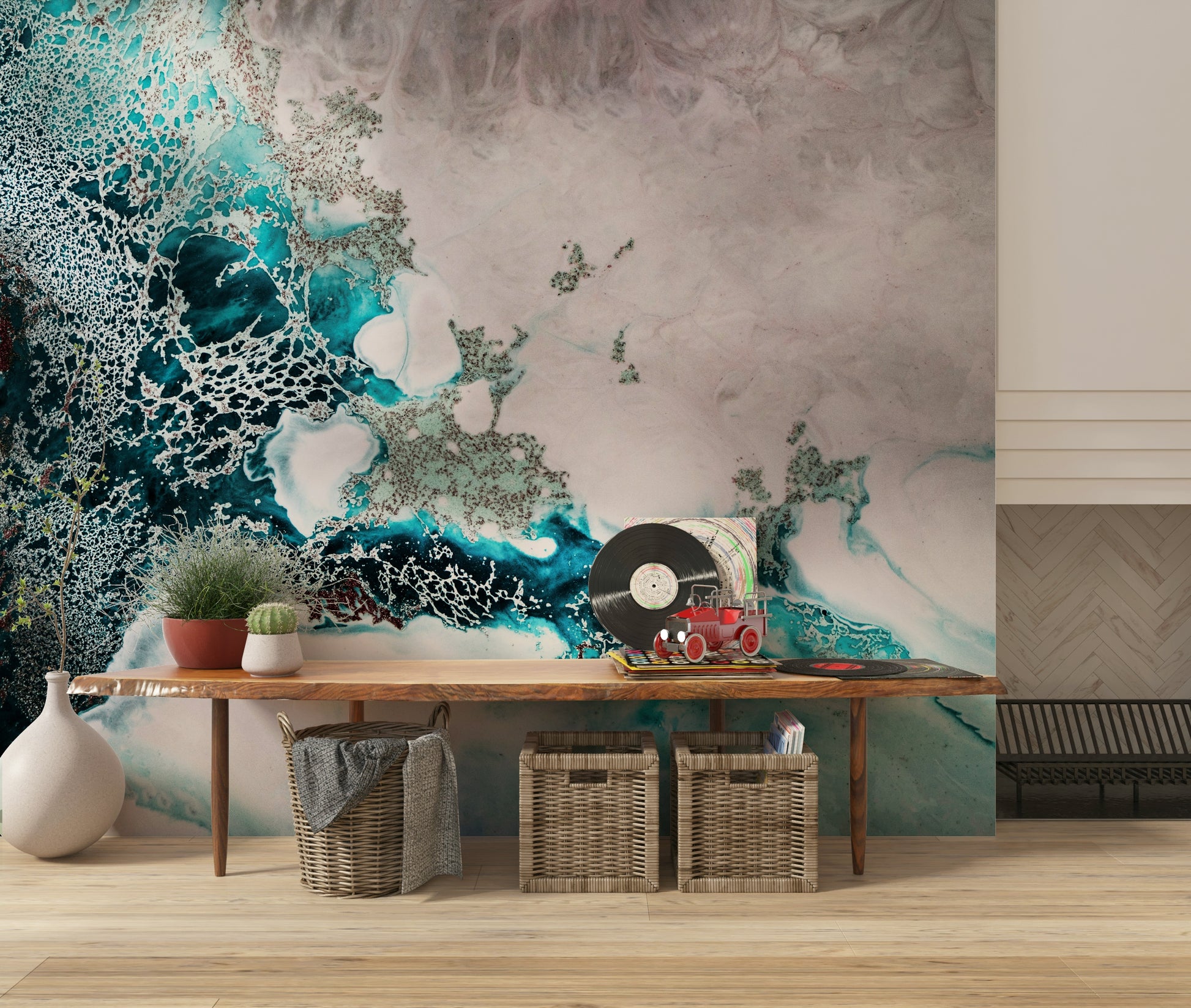 An artistic fluid pattern mural on minimalist wallpaper.