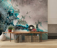 An artistic fluid pattern mural on minimalist wallpaper.