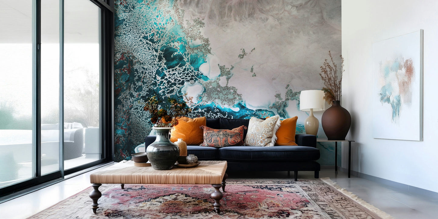 A peaceful modern abstract mural on decorative wallpaper.