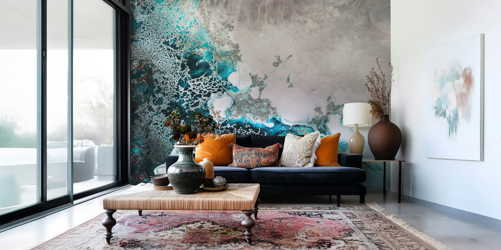 A peaceful modern abstract mural on decorative wallpaper.