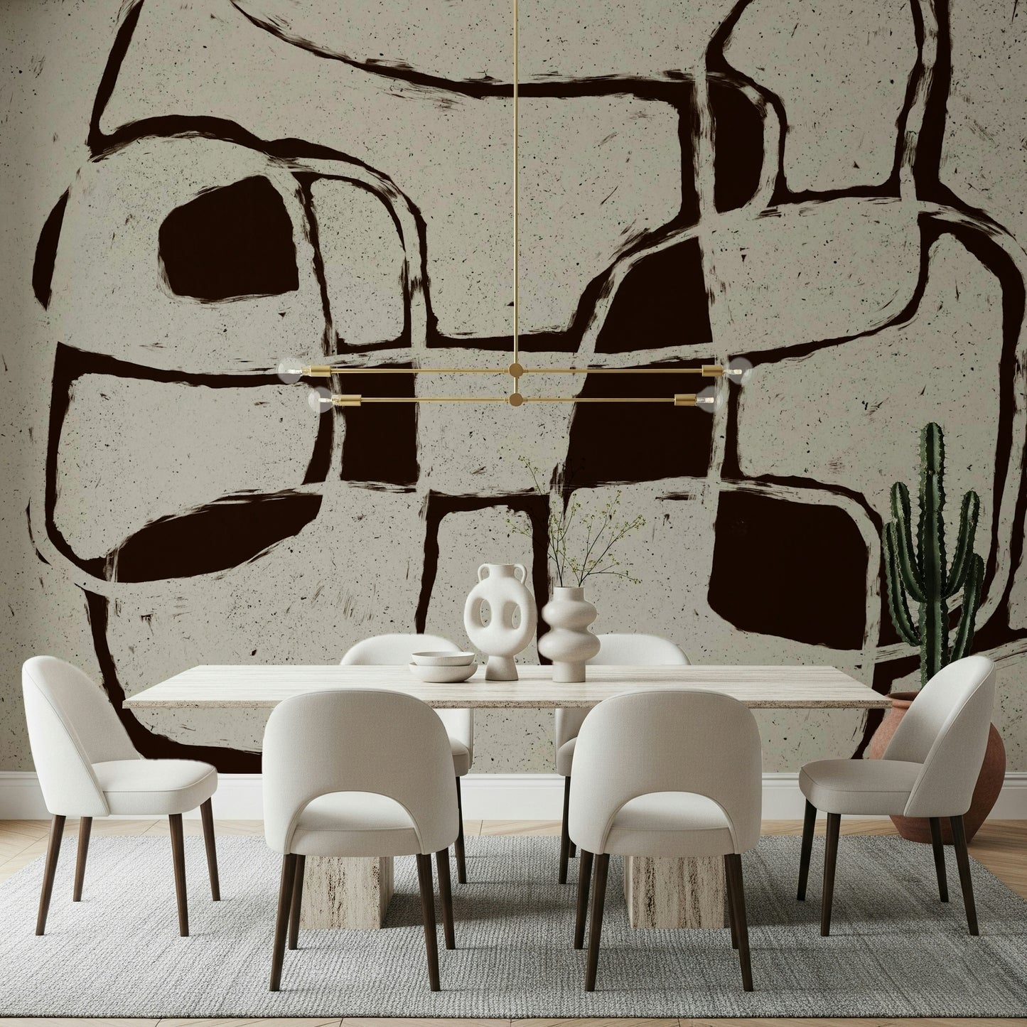 A peaceful modern abstract mural on decorative wallpaper.