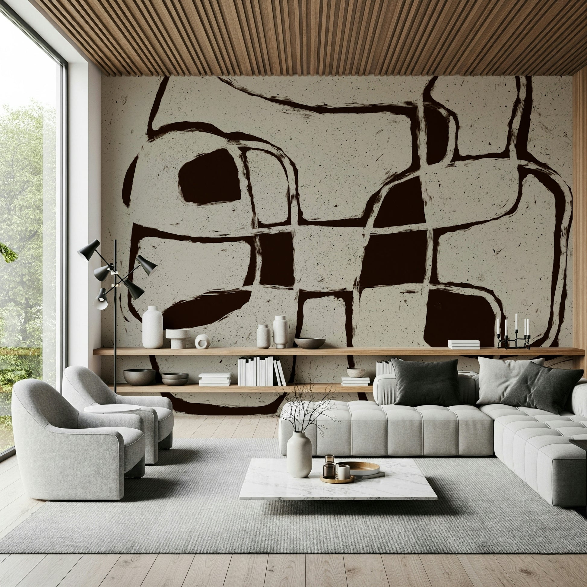 An artistic soft focus mural on minimalist wallpaper.
