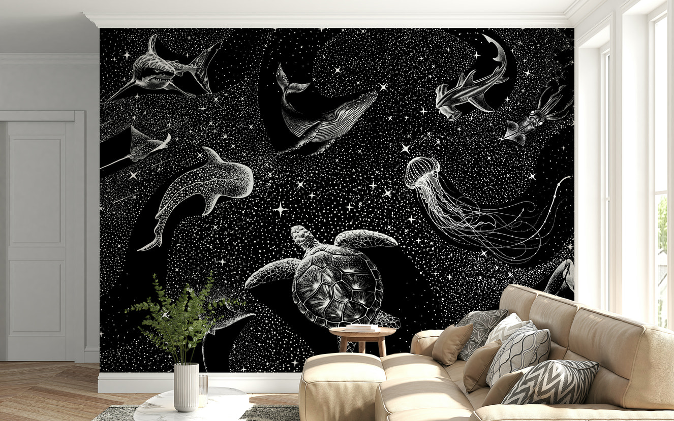 A beautiful abstract deep sea wallpaper mural with star-like patterns.