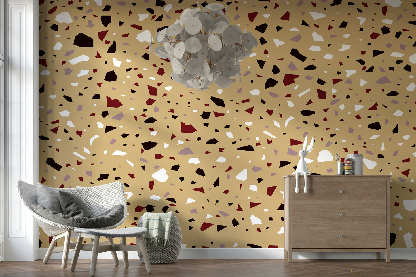 A graceful subtle geometric wall mural in cool, natural tones.