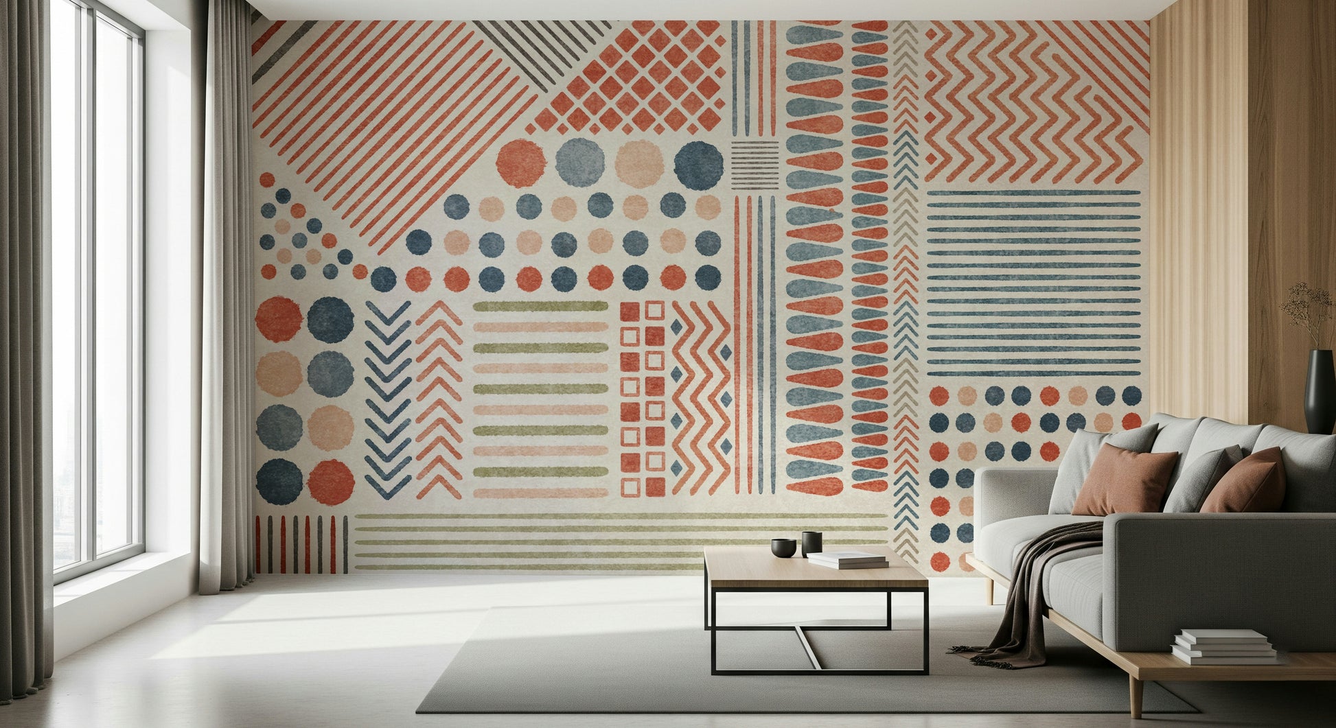 A graceful subtle pattern wall mural in cool, neutral and terracotta tones.