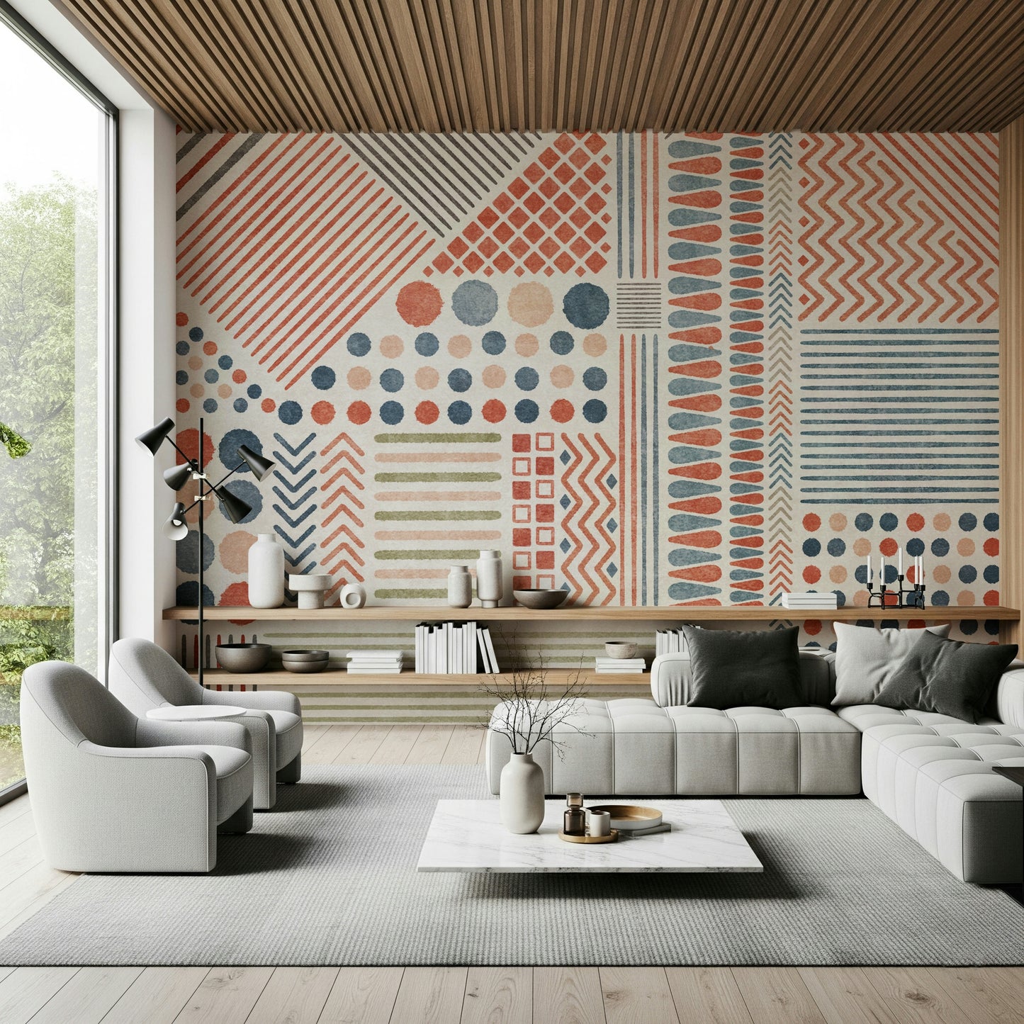 A contemplative geometric design wallpaper mural for a feature wall.