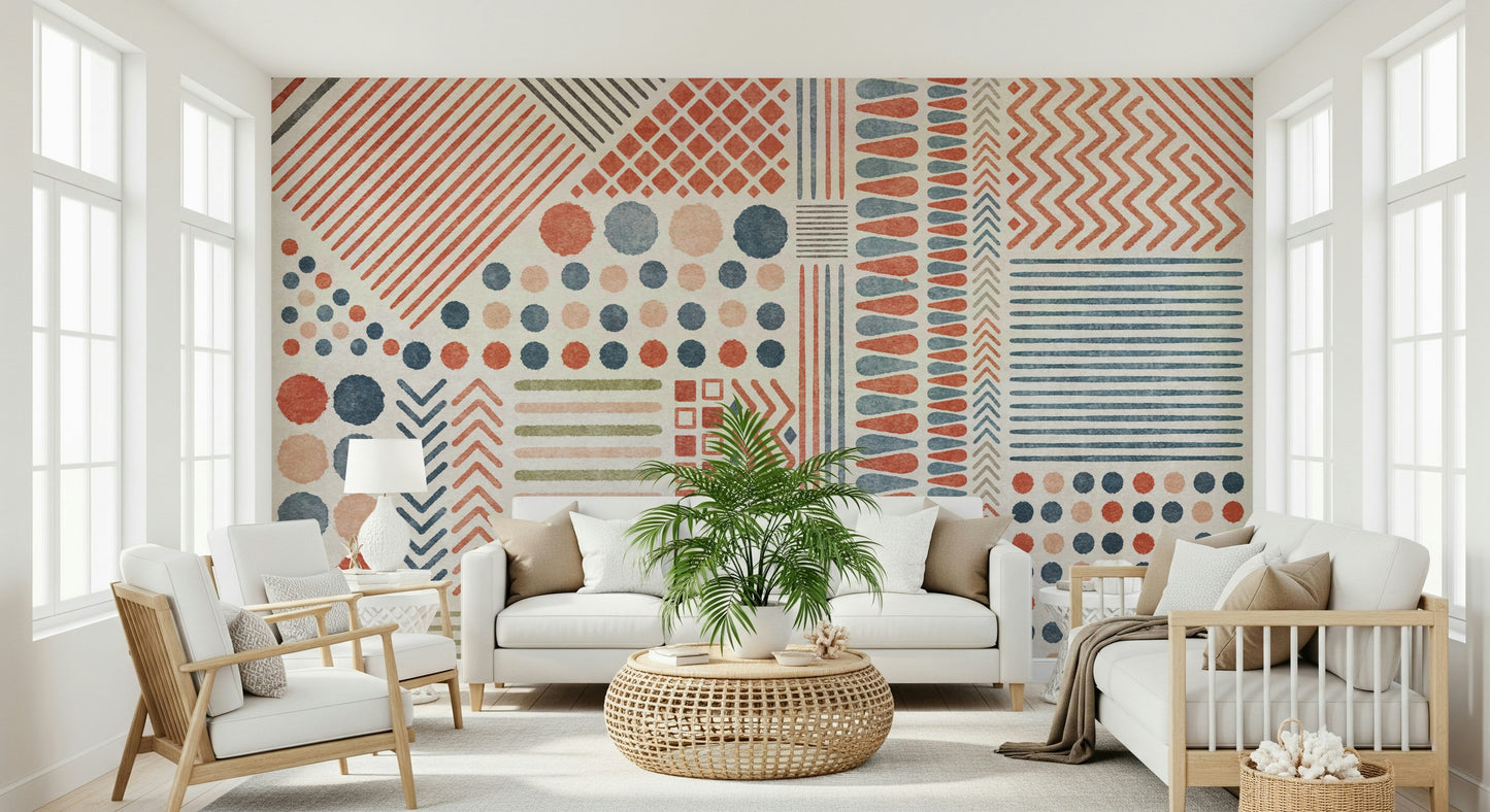 A peaceful modern abstract mural on decorative wallpaper.