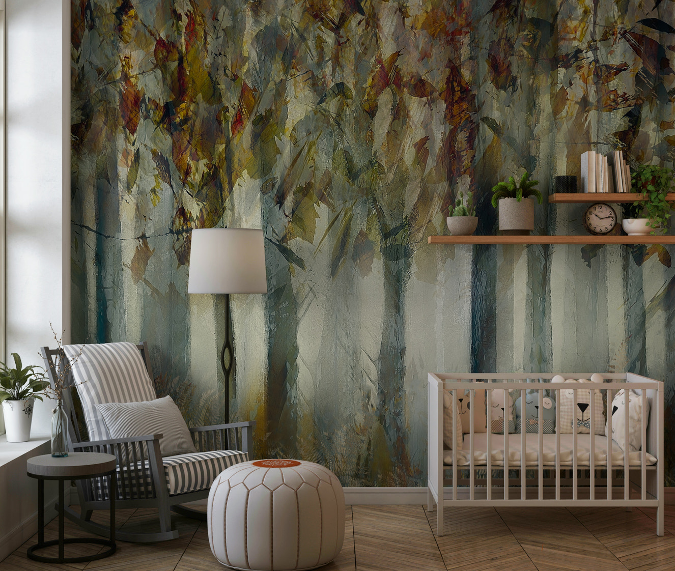 A beautiful serene forest wallpaper mural with subtle, ethereal light.
