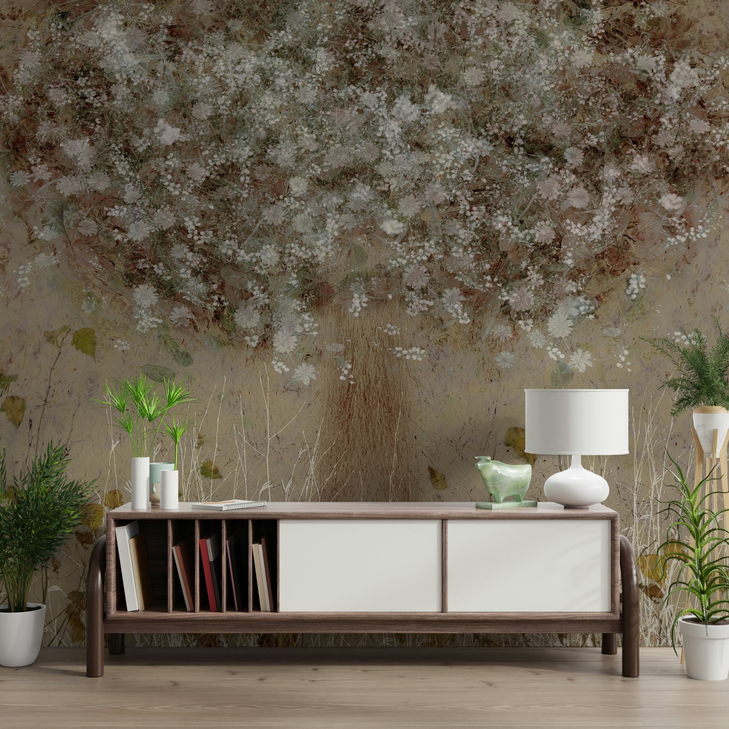 A peaceful flower design mural on decorative wallpaper.