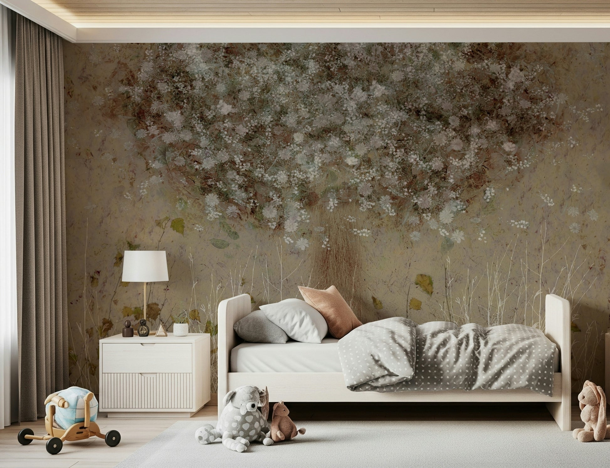 A calming floral design wallpaper mural that defines a space.