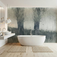 A beautiful serene forest wallpaper mural with subtle mist and elegant trees.