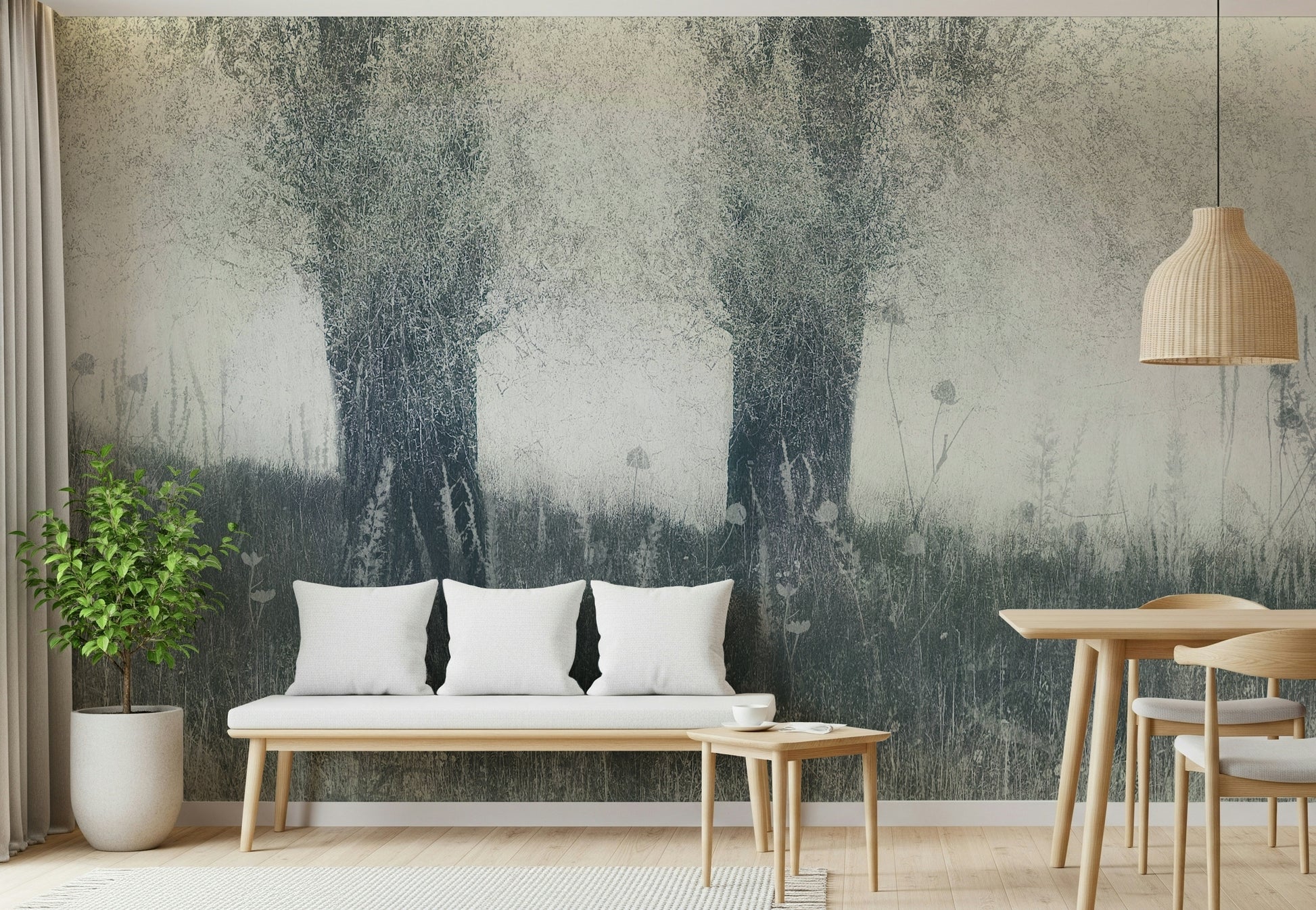 An artistic dreamy landscape mural on minimalist wallpaper.