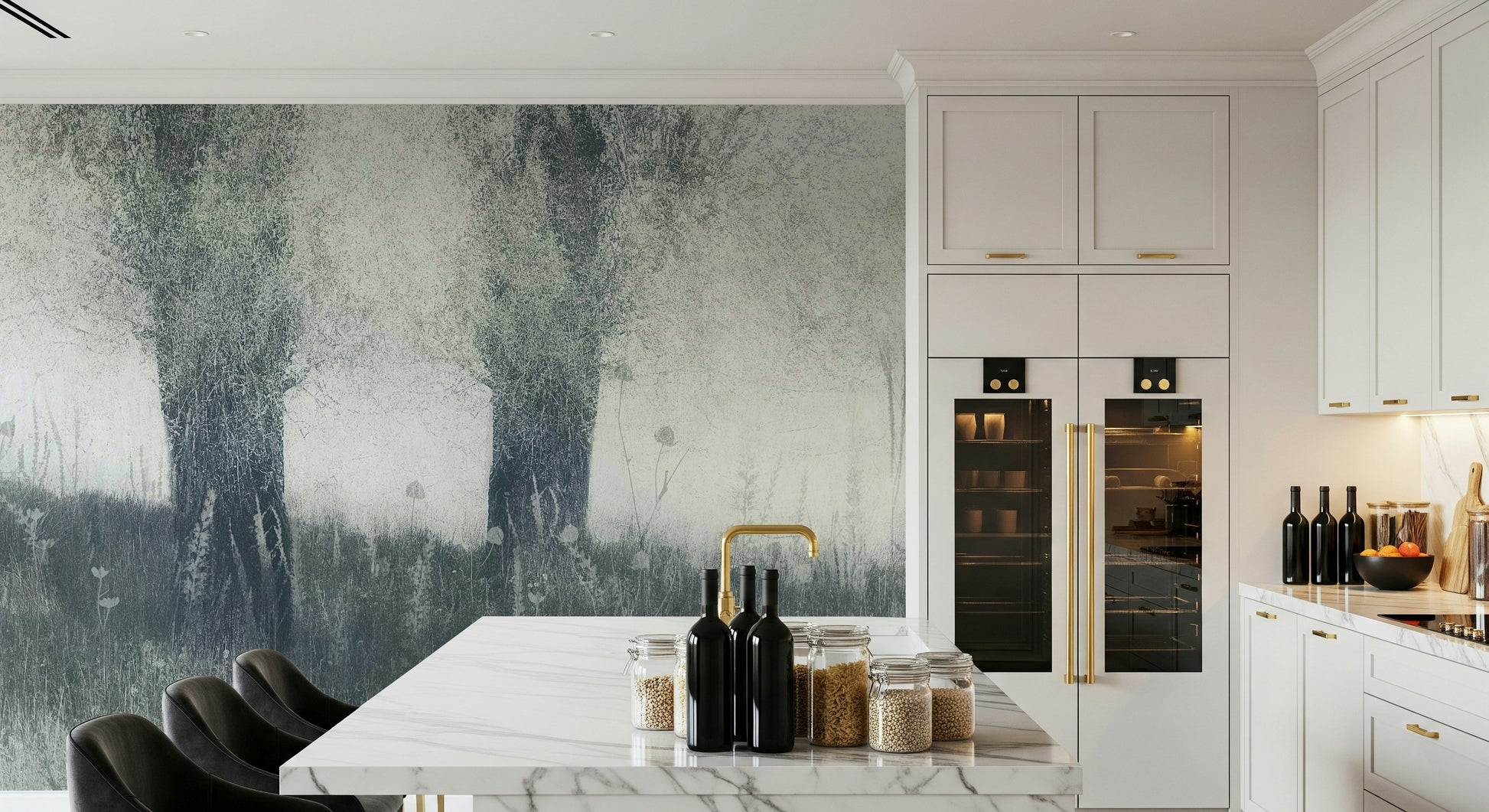 A graceful subtle fog texture wall mural in cool, natural tones.