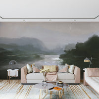 A calming serene mountain wallpaper mural that defines a space.