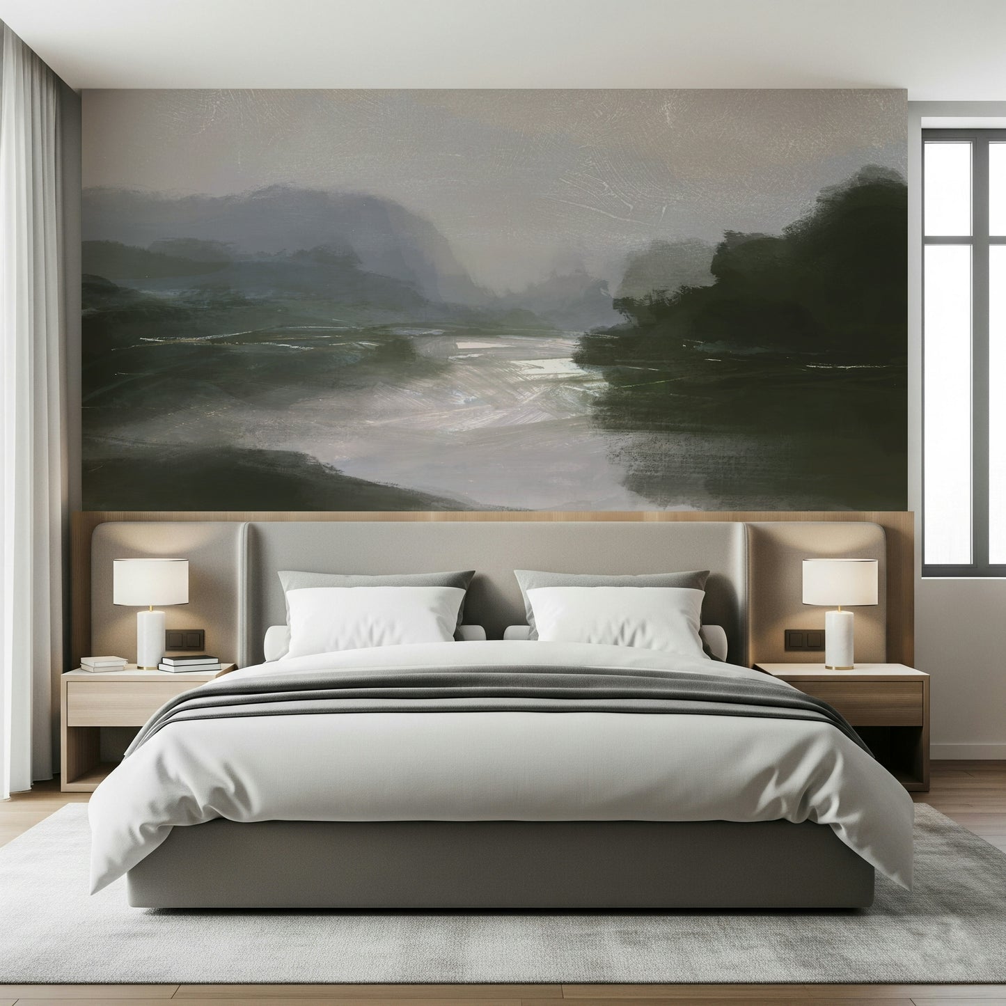 A beautiful wide-angle wall mural of a hazy river.