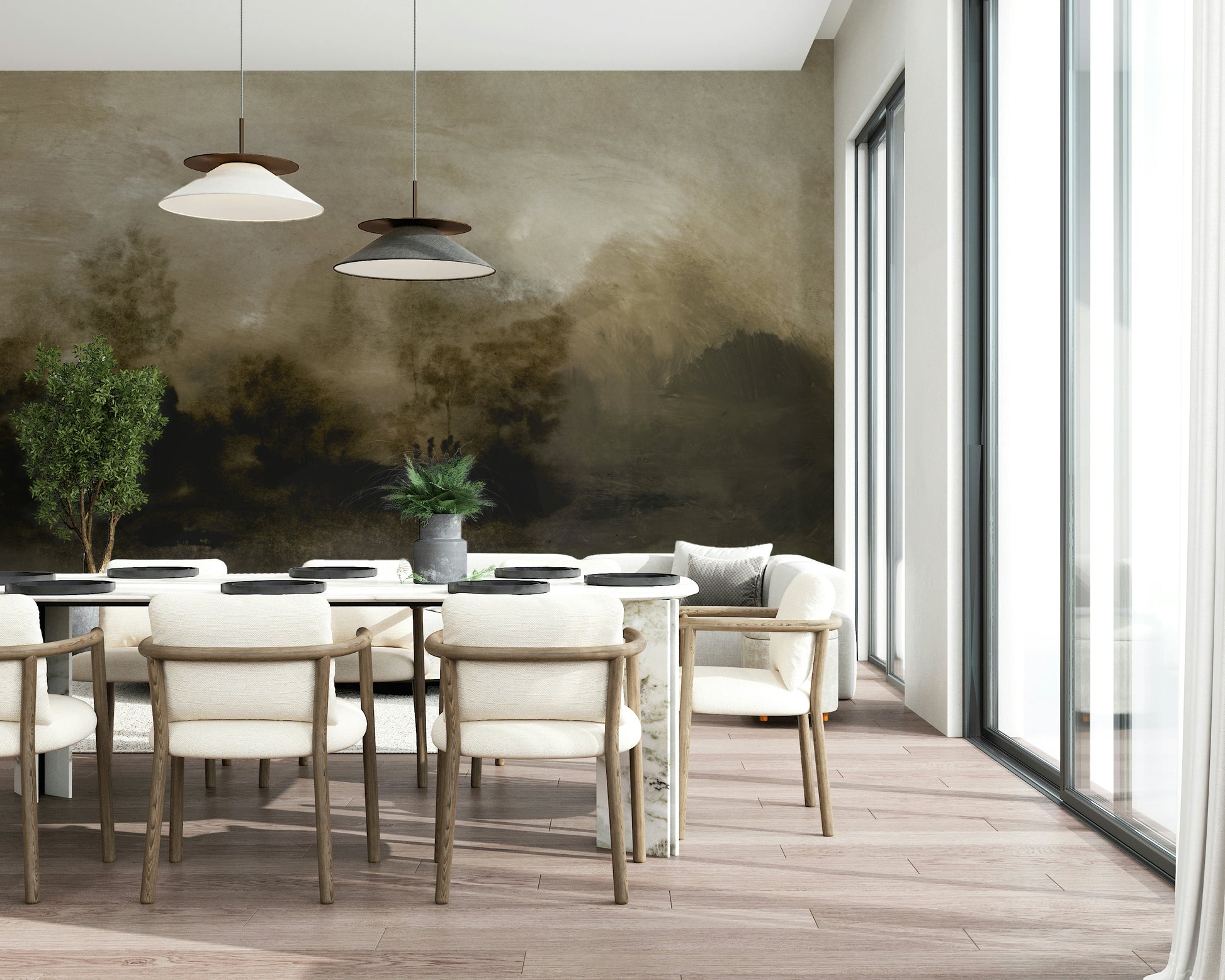 A beautiful wide-angle wall mural of a hazy wood.