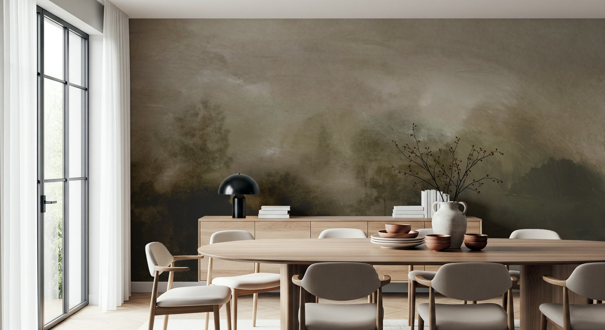 A tranquil misty woods wall mural for your decor.