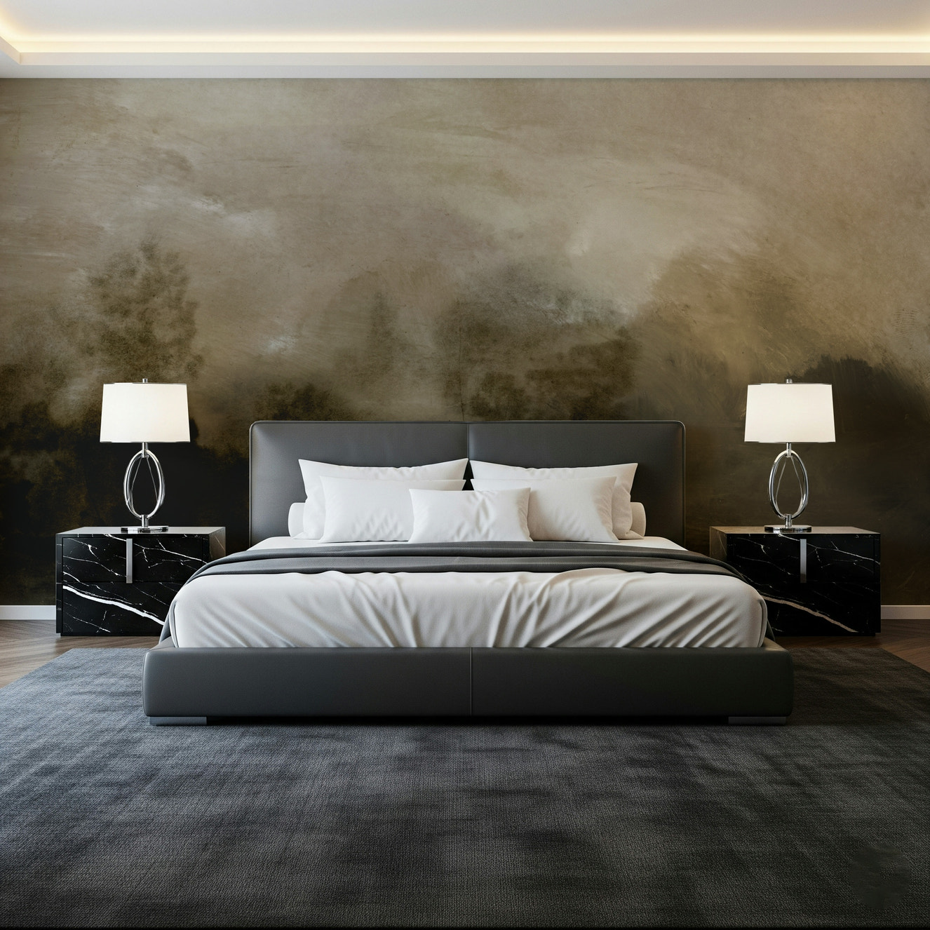 A beautiful serene forest wallpaper mural with subtle light and mist.