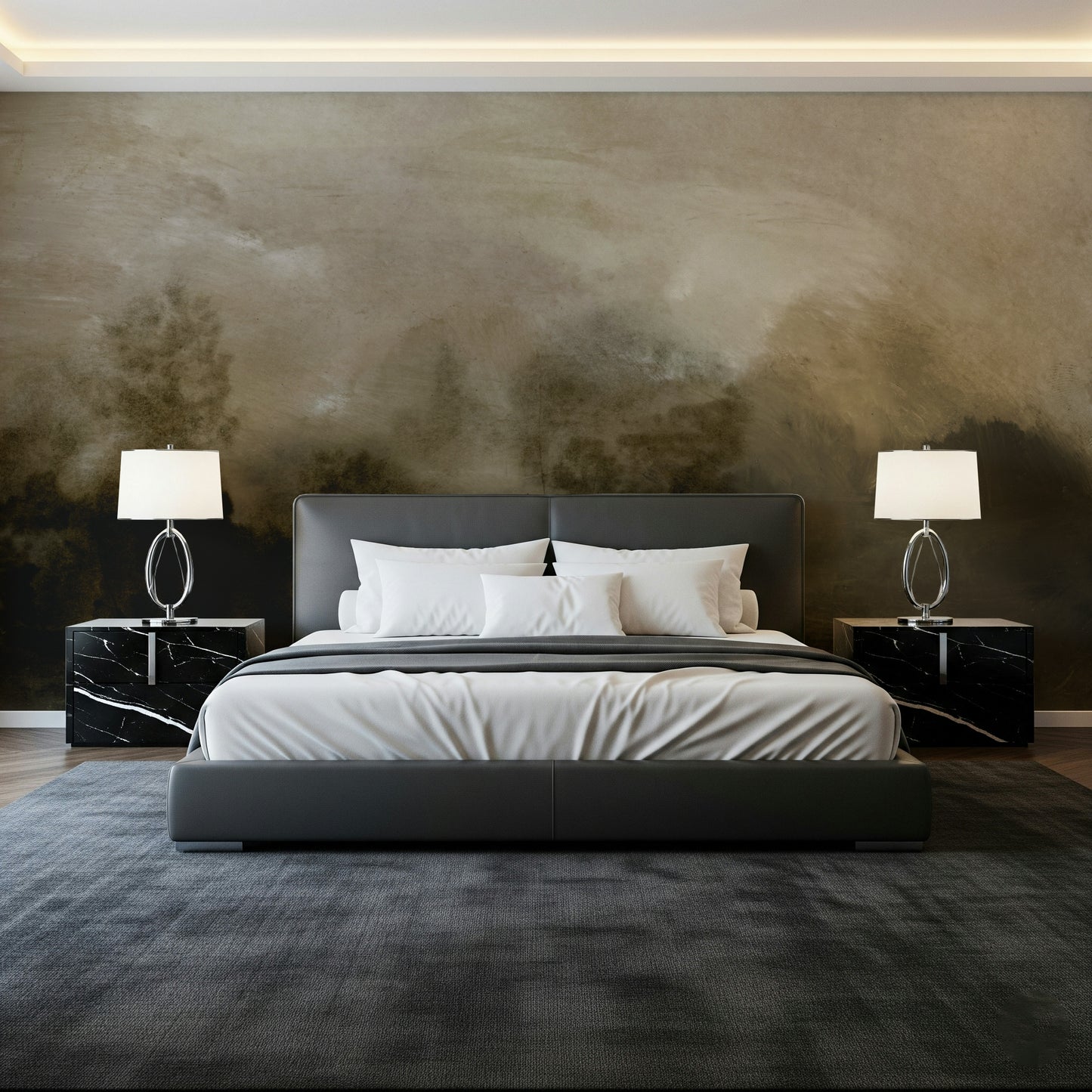 A beautiful serene forest wallpaper mural with subtle light and mist.