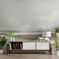 An artistic fluid pattern mural on minimalist wallpaper.