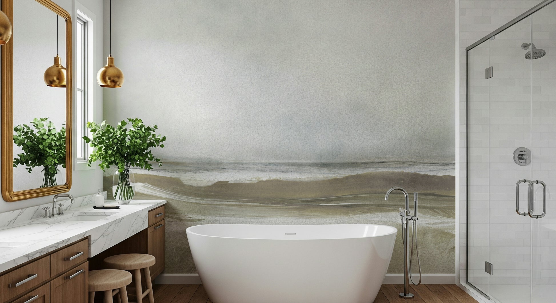 A peaceful modern abstract mural on decorative wallpaper.